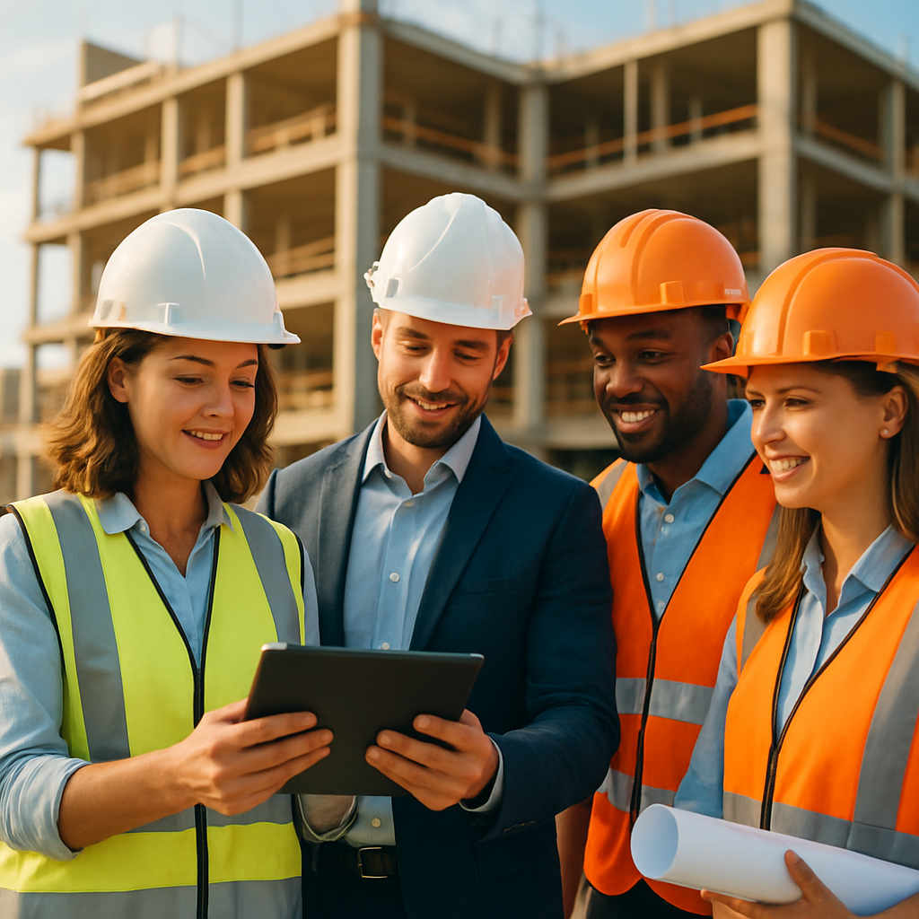 Profesionales coordinando una obra con planos en una tablet